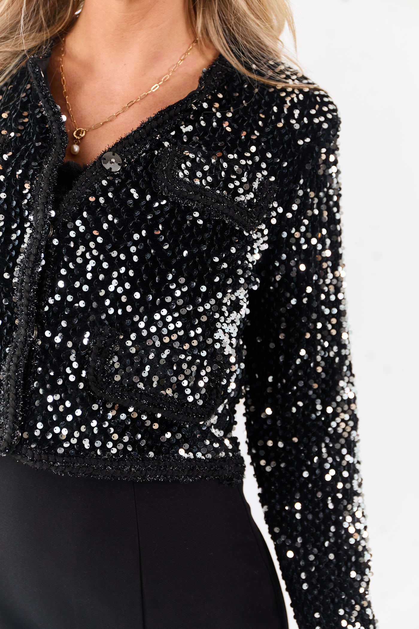 Black Sequined Cropped Button Down Jacket