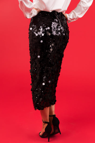 Black Sequined Front Slit Midi Skirt