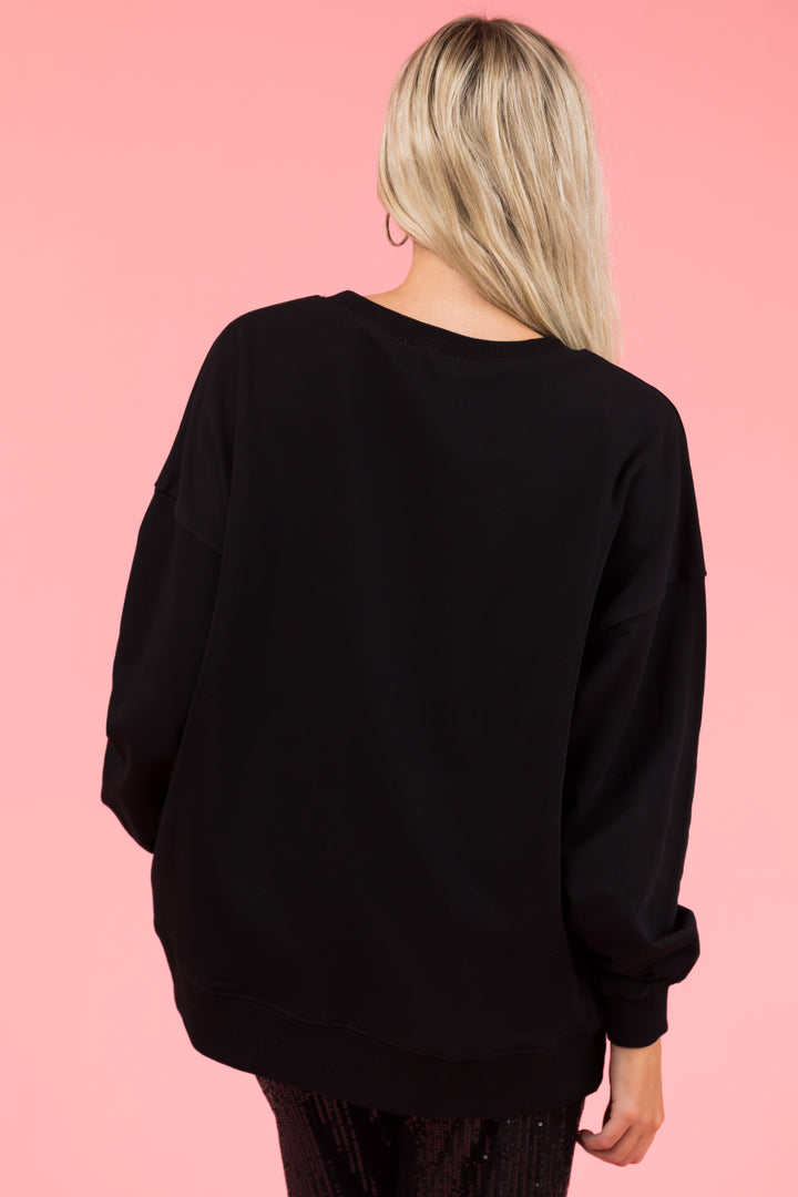 Black Sequined Graphic Long Sleeve Sweatshirt