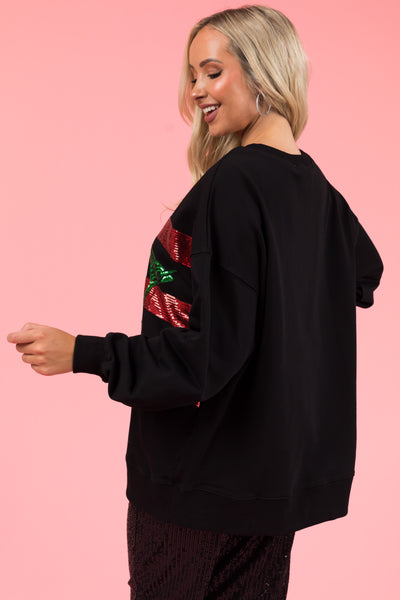 Black Sequined Graphic Long Sleeve Sweatshirt