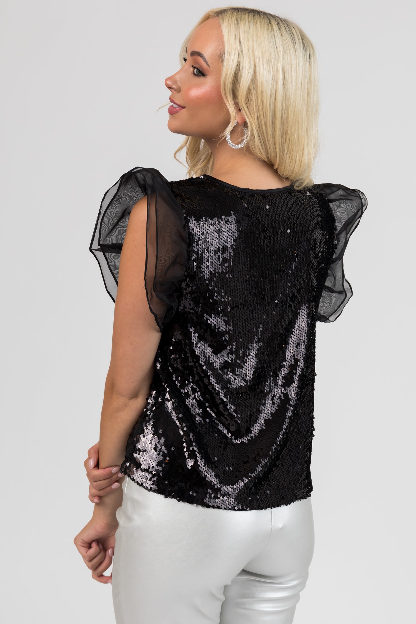 Black Sequined Ruffle Short Sleeve Top