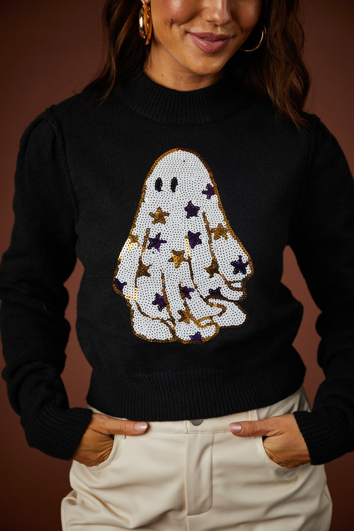 Black Sequined Starry Ghost Graphic Sweater