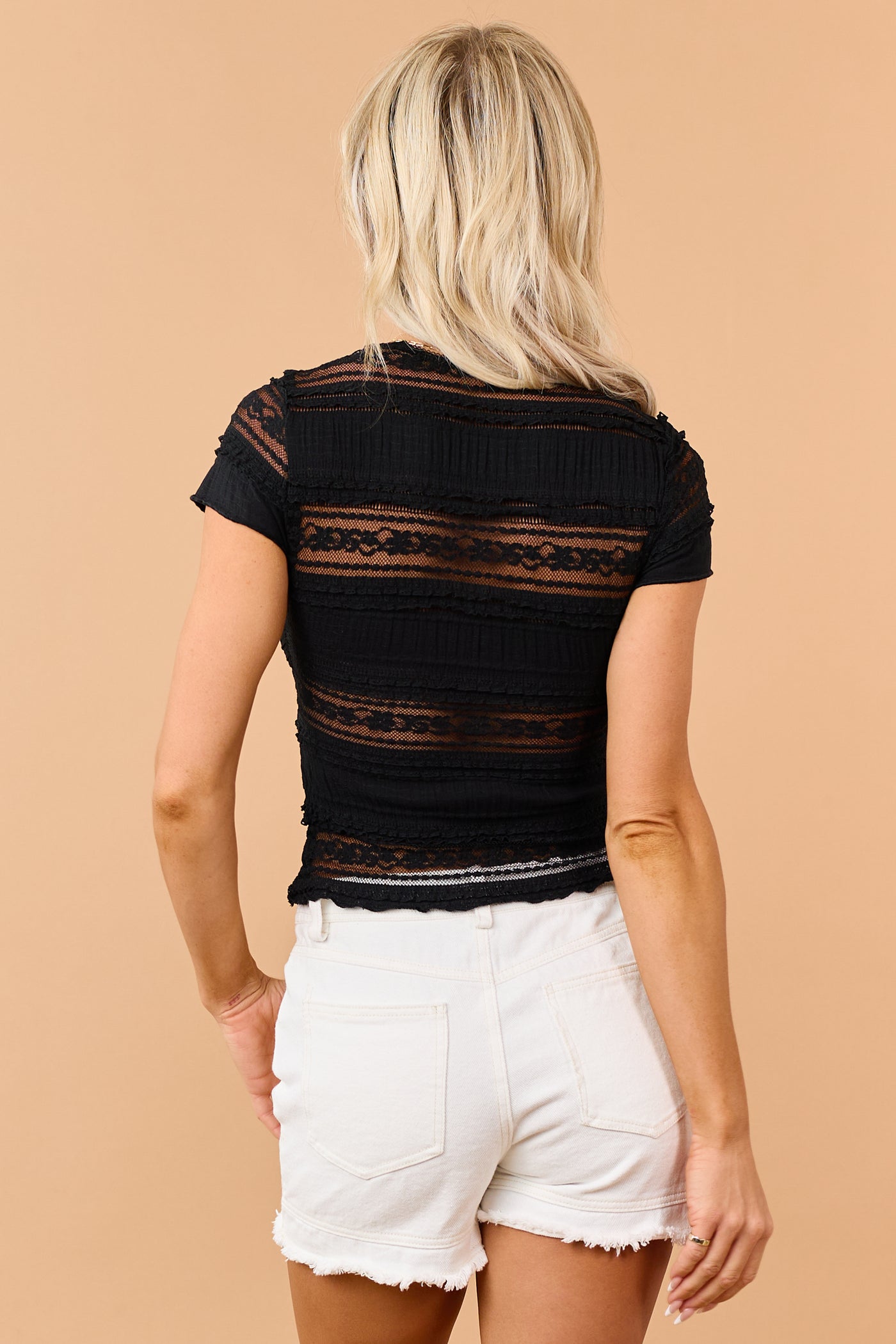 Black Sheer Lace Short Sleeve Crop Top