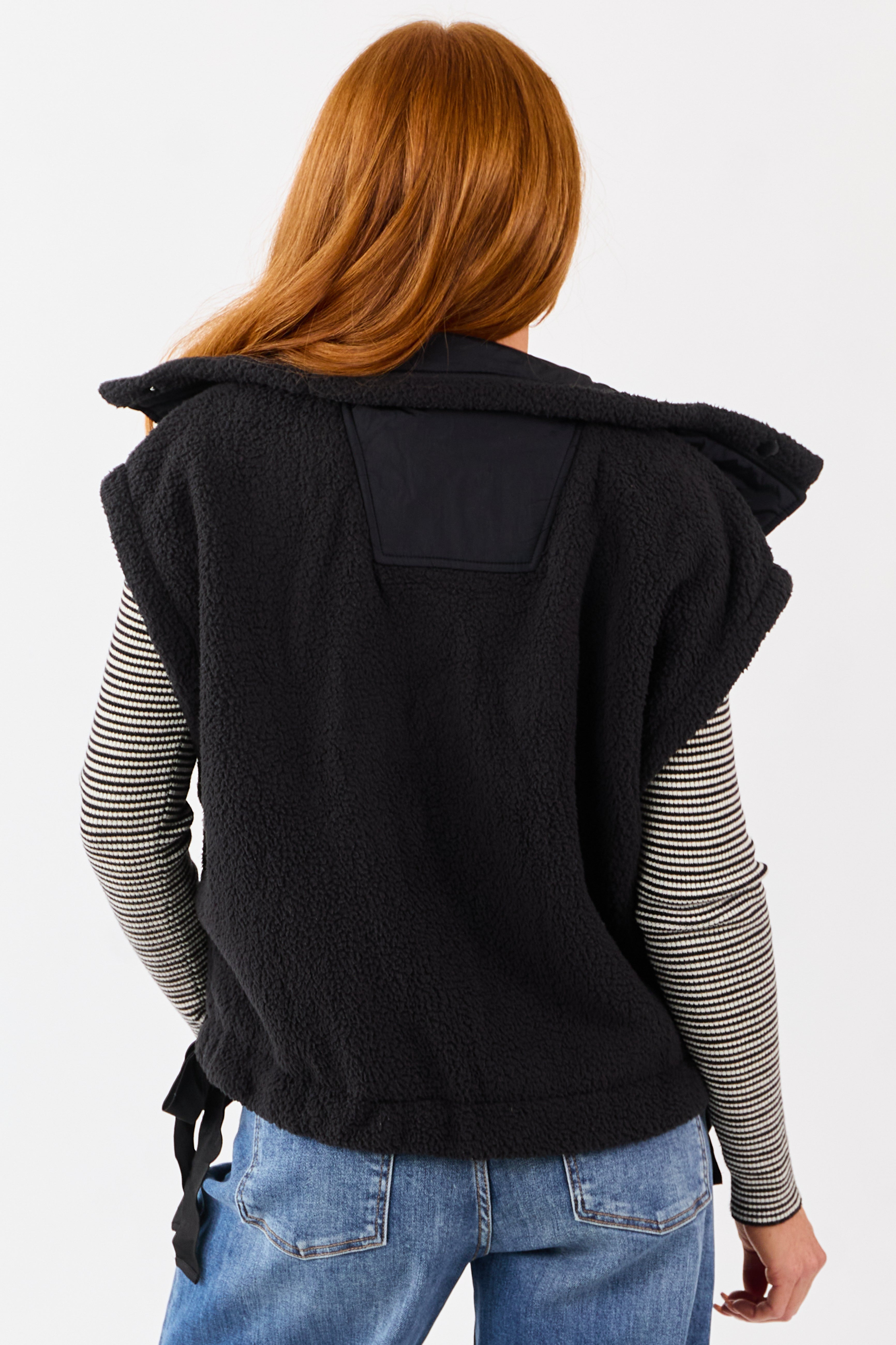 Black Sherpa Button Down Side Tie Vest | Lime Lush Boutique