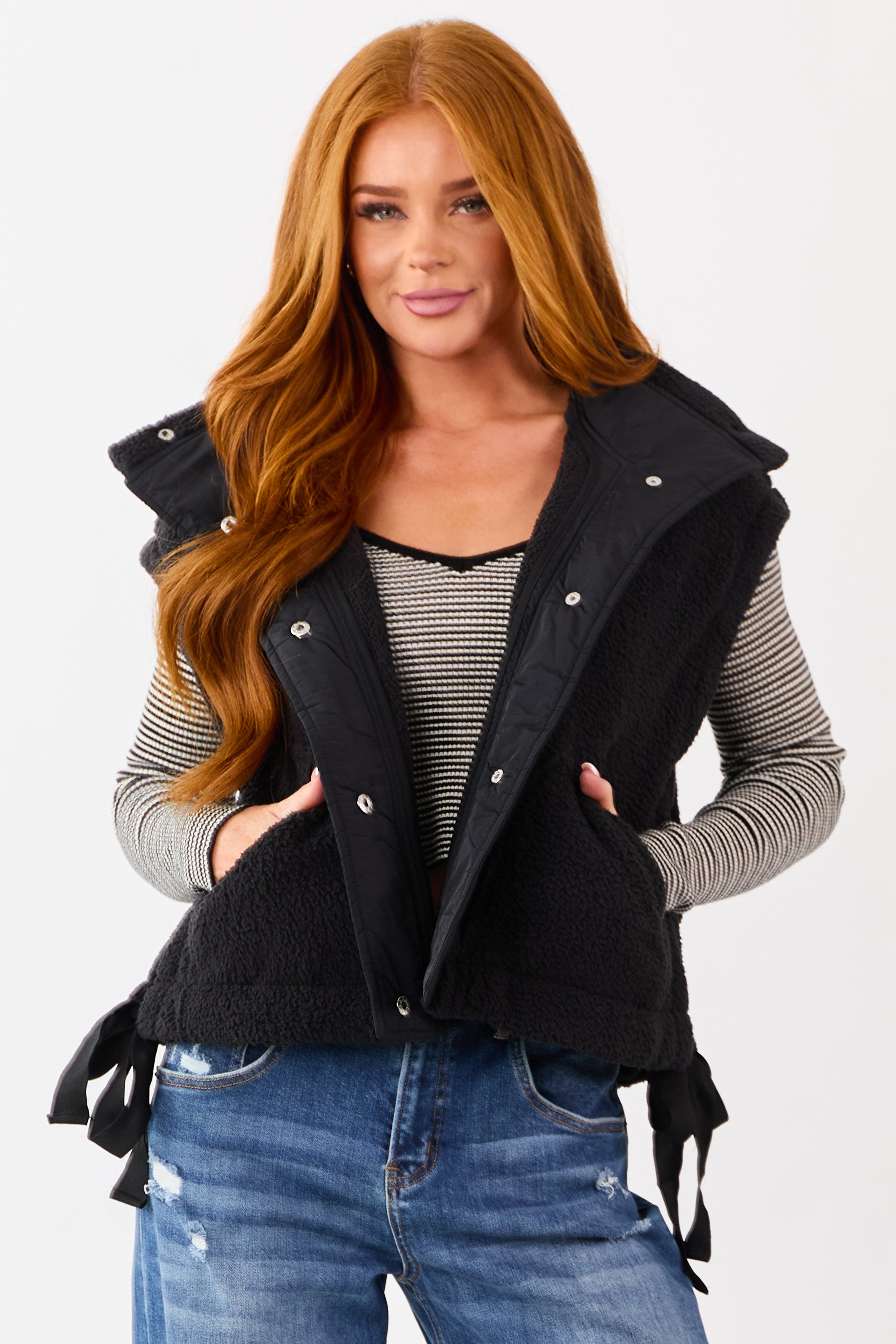Black Sherpa Button Down Side Tie Vest | Lime Lush Boutique