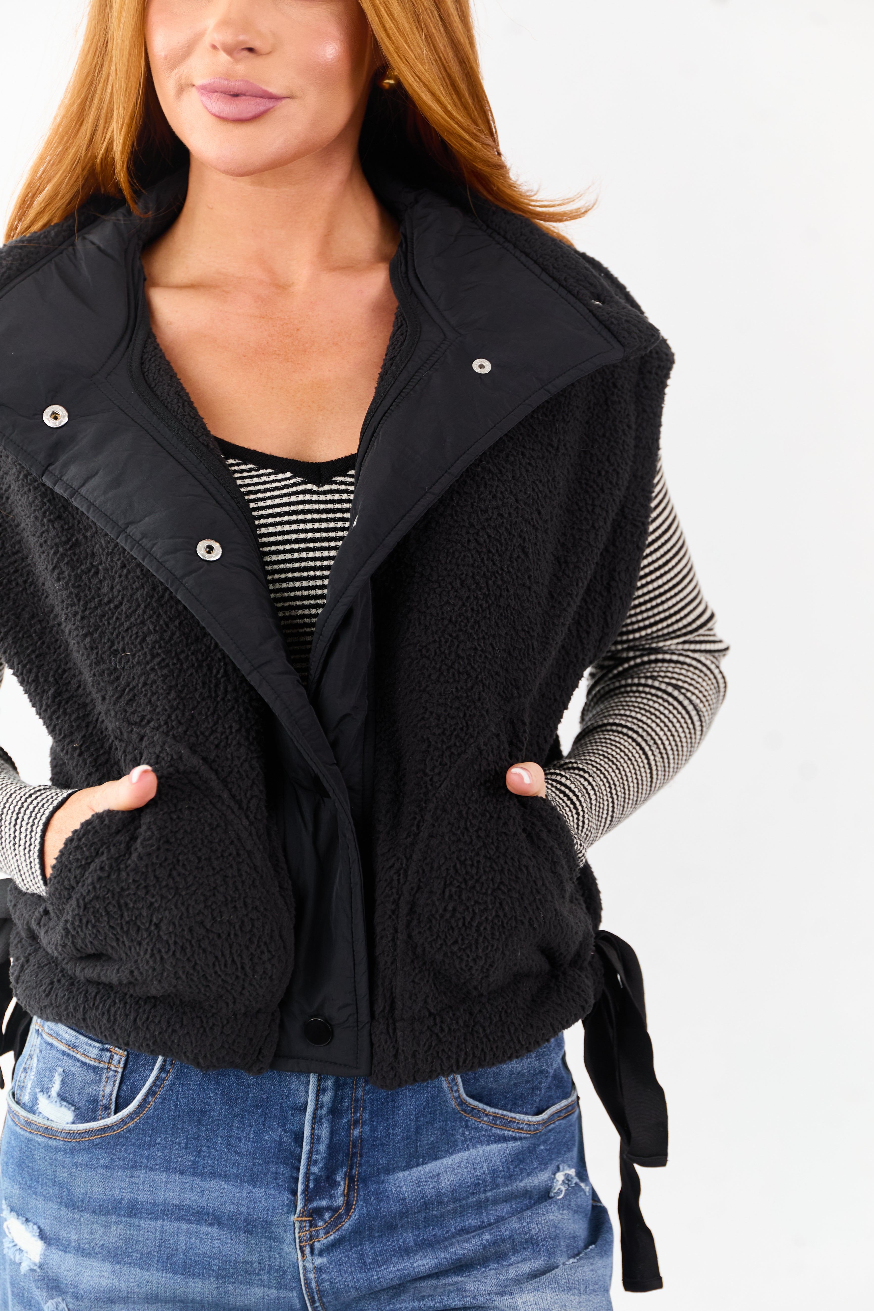 Black Sherpa Button Down Side Tie Vest | Lime Lush Boutique