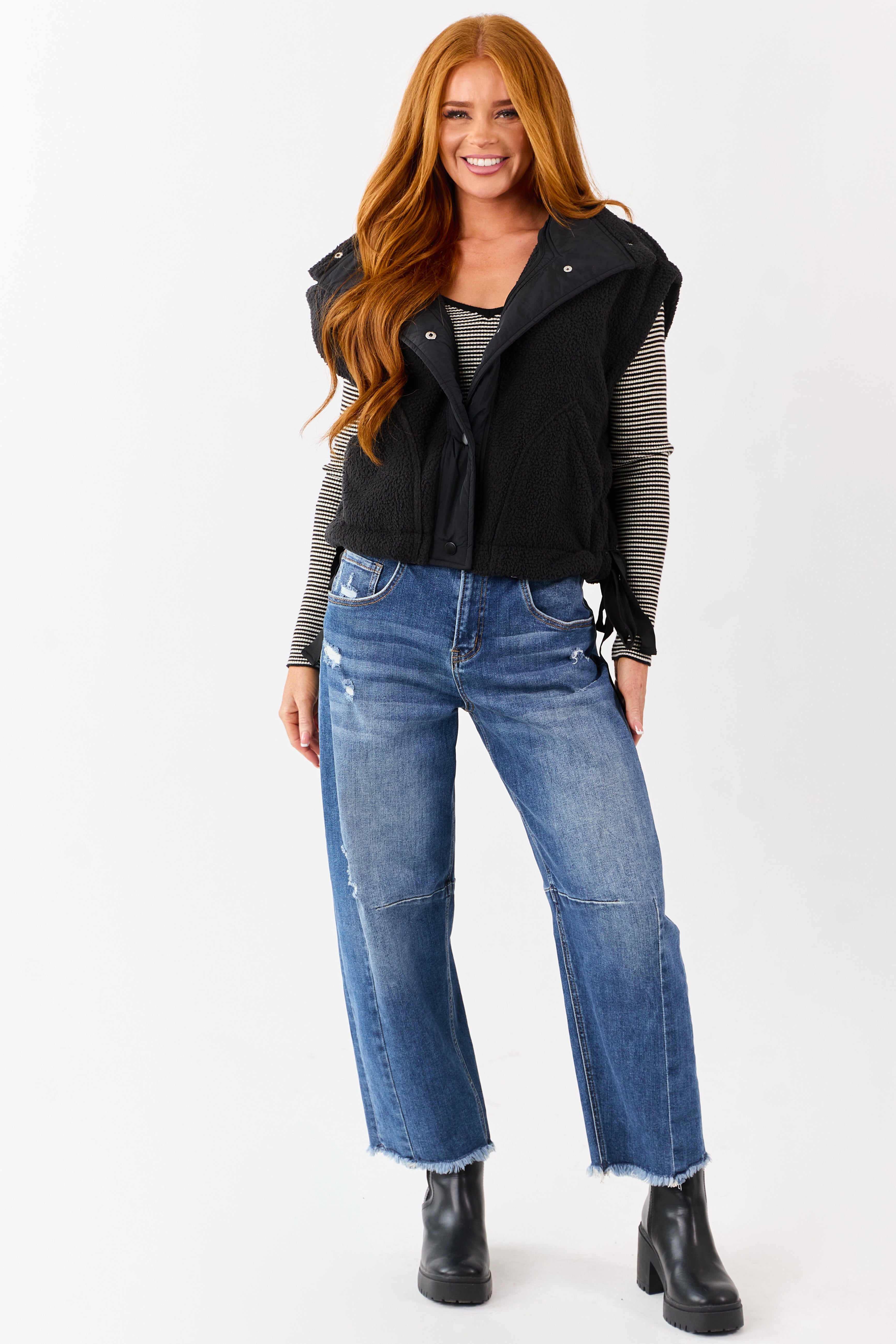 Black Sherpa Button Down Side Tie Vest | Lime Lush Boutique
