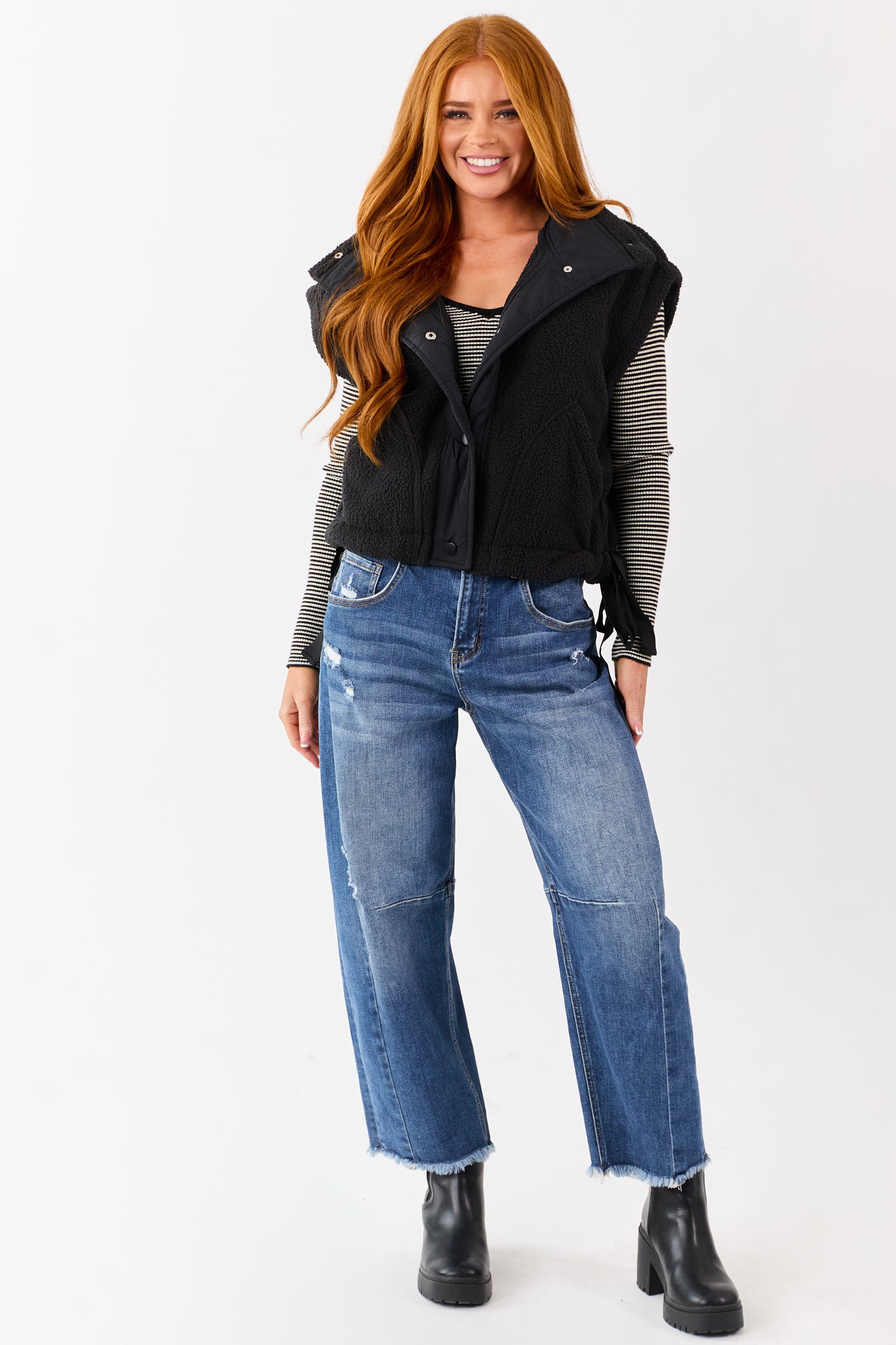 Black Sherpa Button Down Side Tie Vest