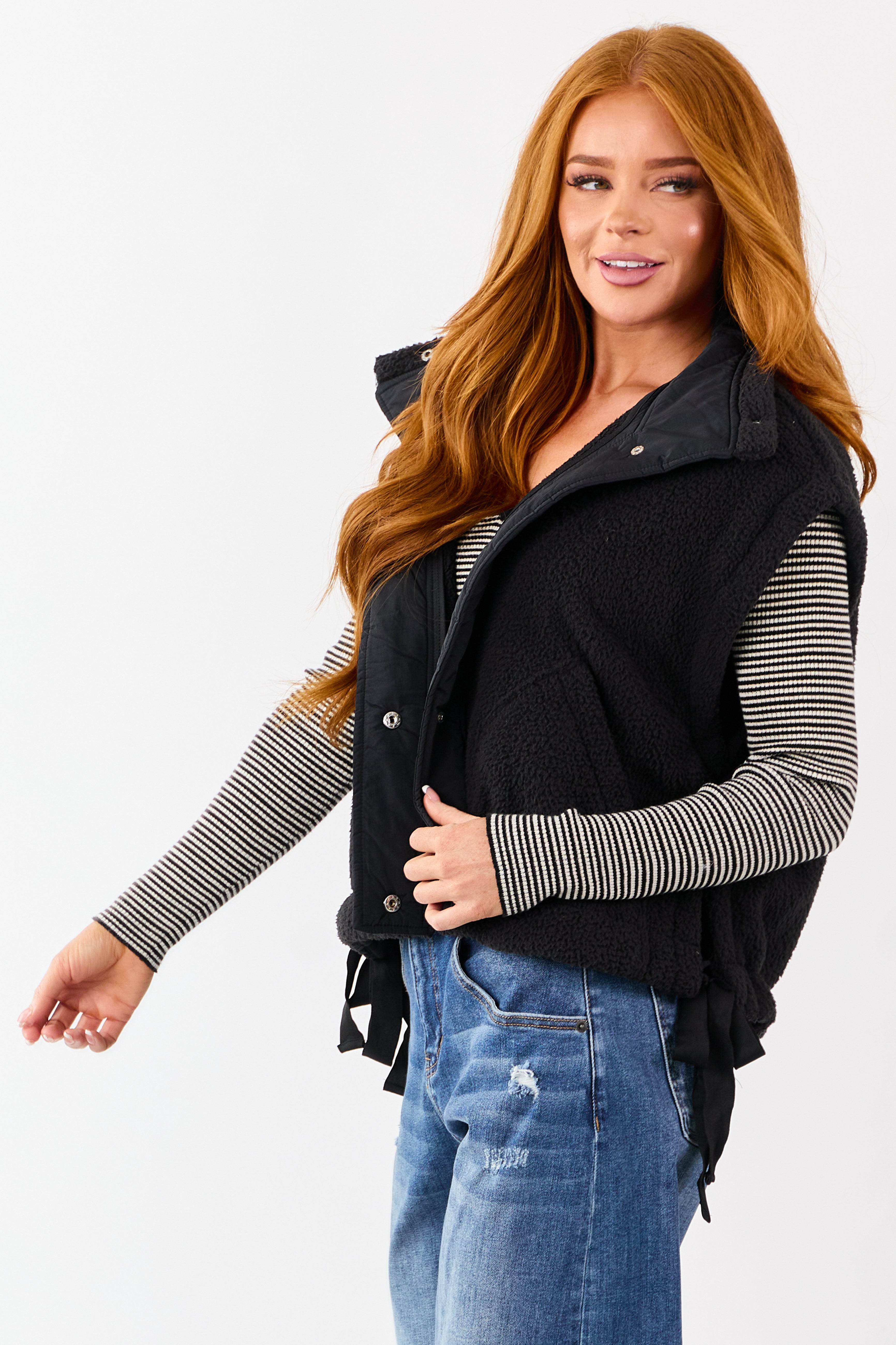 Black Sherpa Button Down Side Tie Vest