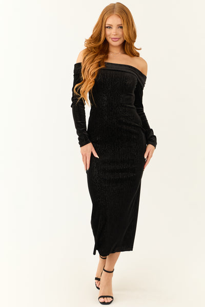 Black Shimmery Velvet Off Shoulder Midi Dress | Lime Lush Boutique Black Shimmery Velvet Off Shoulder Midi Dress | Lime Lush Boutique