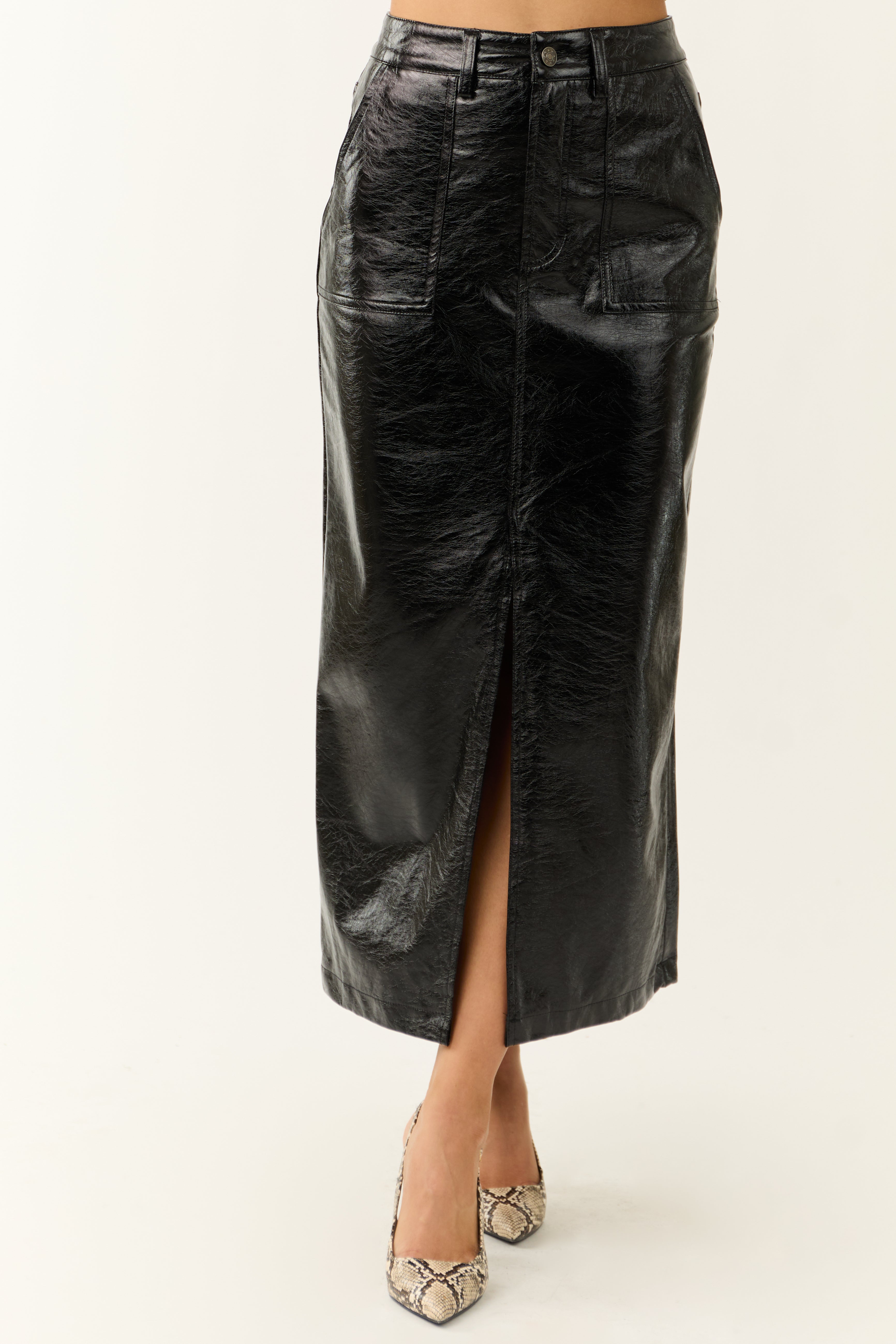 Black Shiny Faux Leather Front Slit Midi Skirt | Lime Lush Boutique