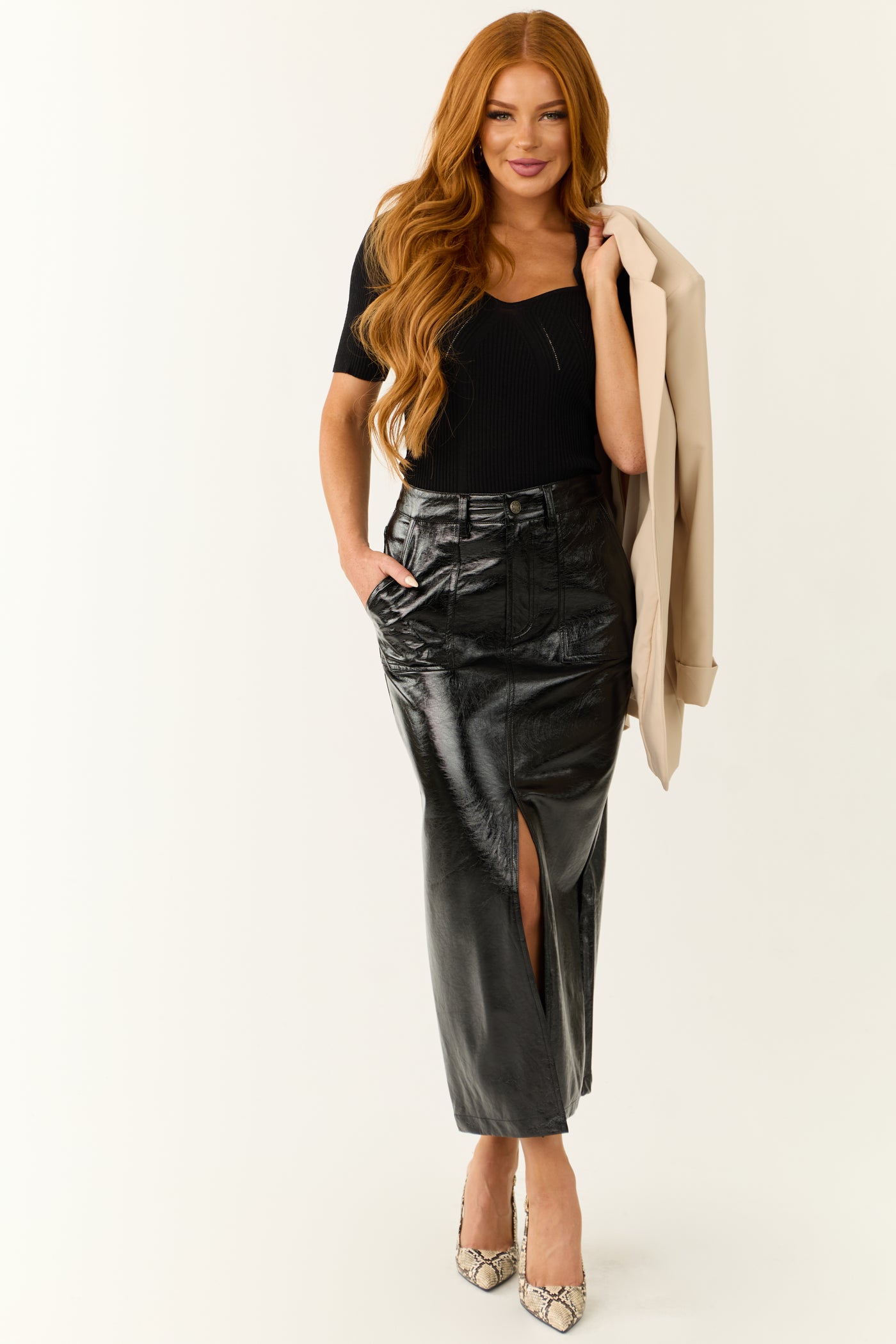 Black Shiny Faux Leather Front Slit Midi Skirt Black Shiny Faux Leather Front Slit Midi Skirt