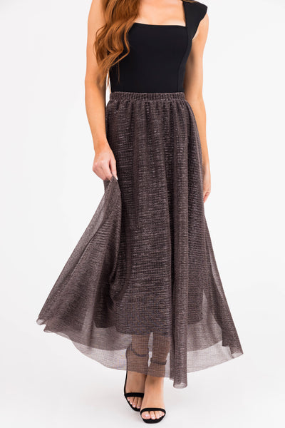 Black Shiny Metallic Elastic Waist Maxi Skirt