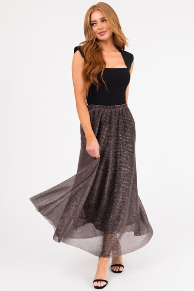 Black Shiny Metallic Elastic Waist Maxi Skirt