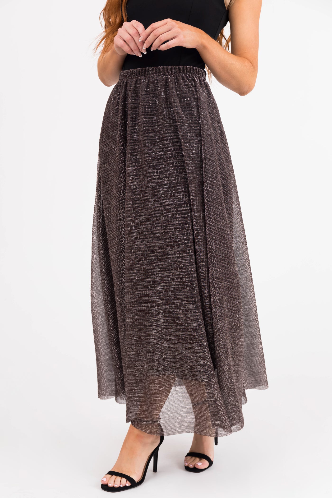 Black Shiny Metallic Elastic Waist Maxi Skirt