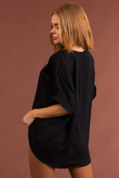 Black Short Banded Sleeves Woven Top