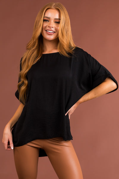 Black Short Banded Sleeves Woven Top