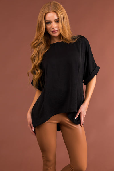 Black Short Banded Sleeves Woven Top