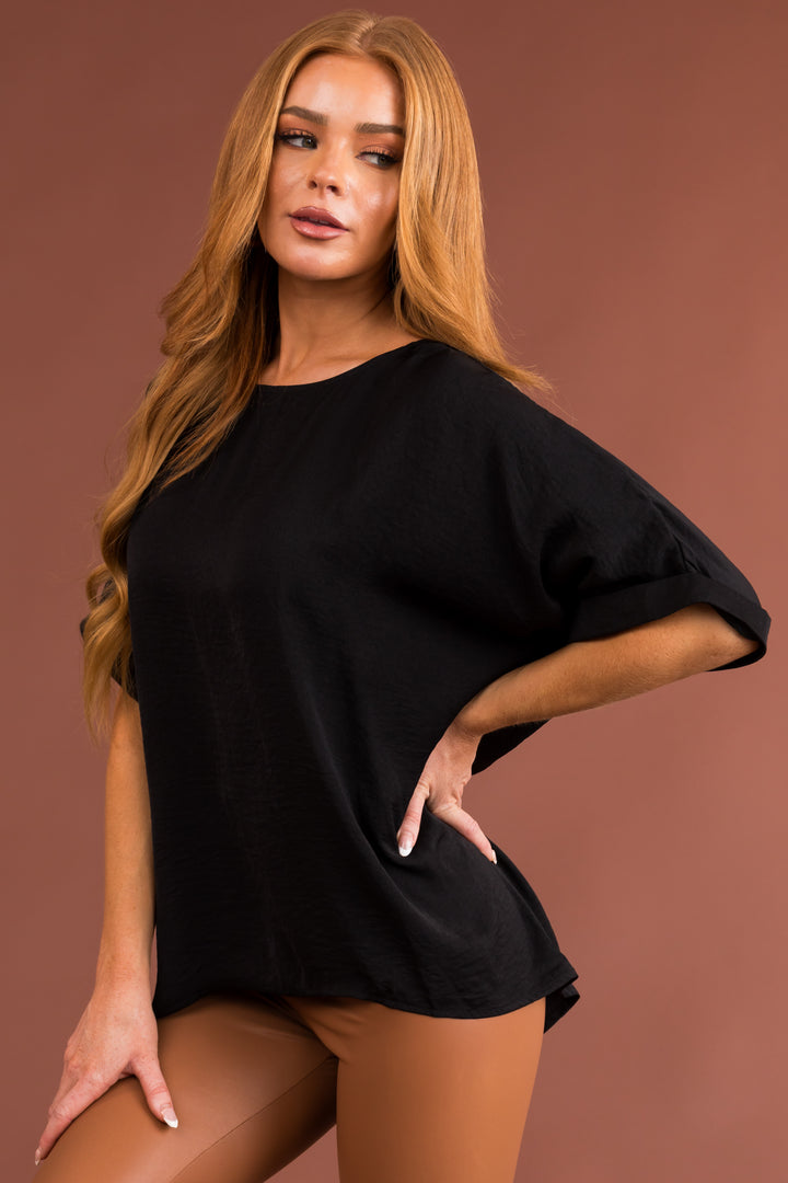 Black Short Banded Sleeves Woven Top