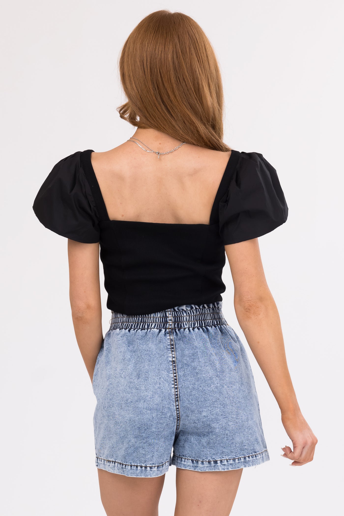 Black Short Puff Sleeve Zip Up Crop Top