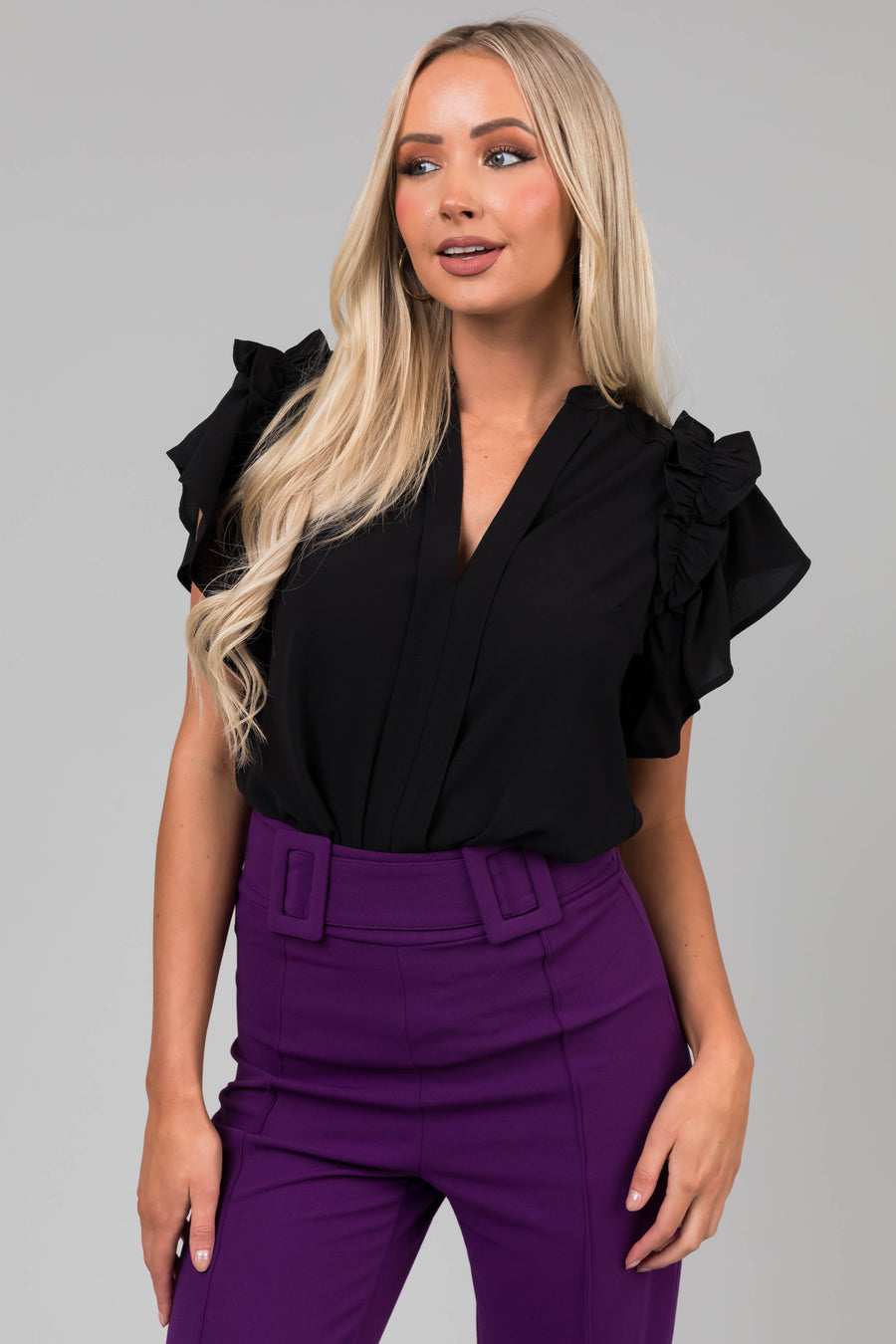 Black Short Ruffle Sleeve V Neck Blouse