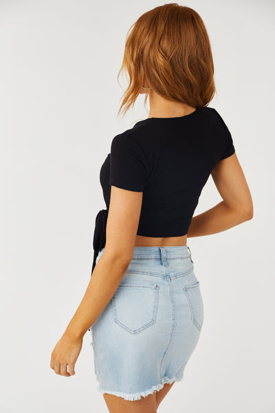 Black Short Sleeve Cropped Wrap Top