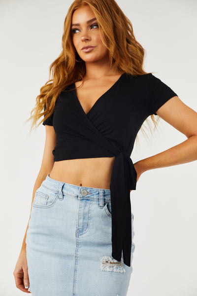 Black Short Sleeve Cropped Wrap Top