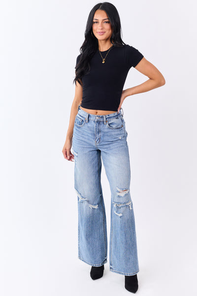 Black Short Sleeve Fitted Knit Crop Top