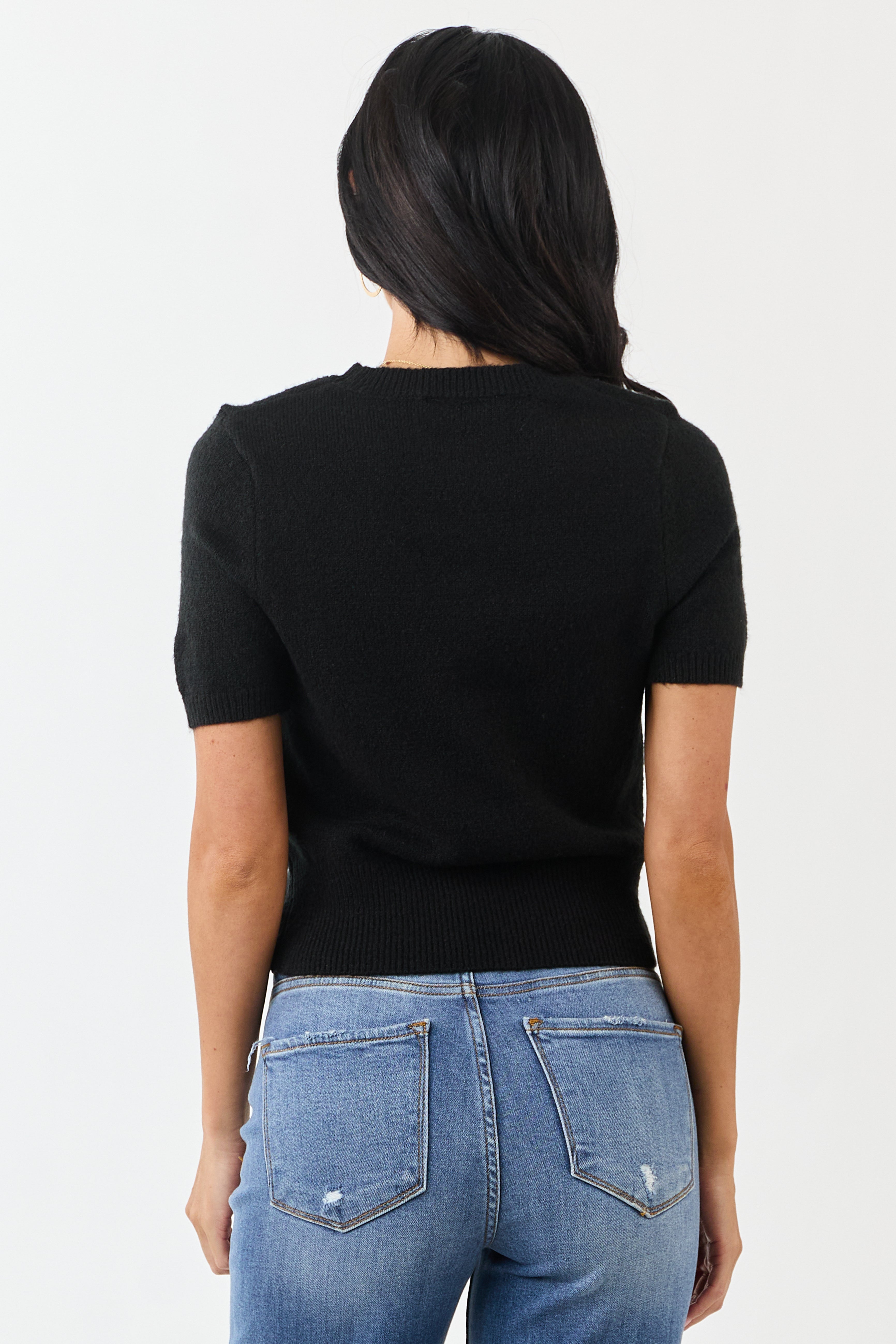 Black Short Sleeve Mid Length Knit Sweater Top