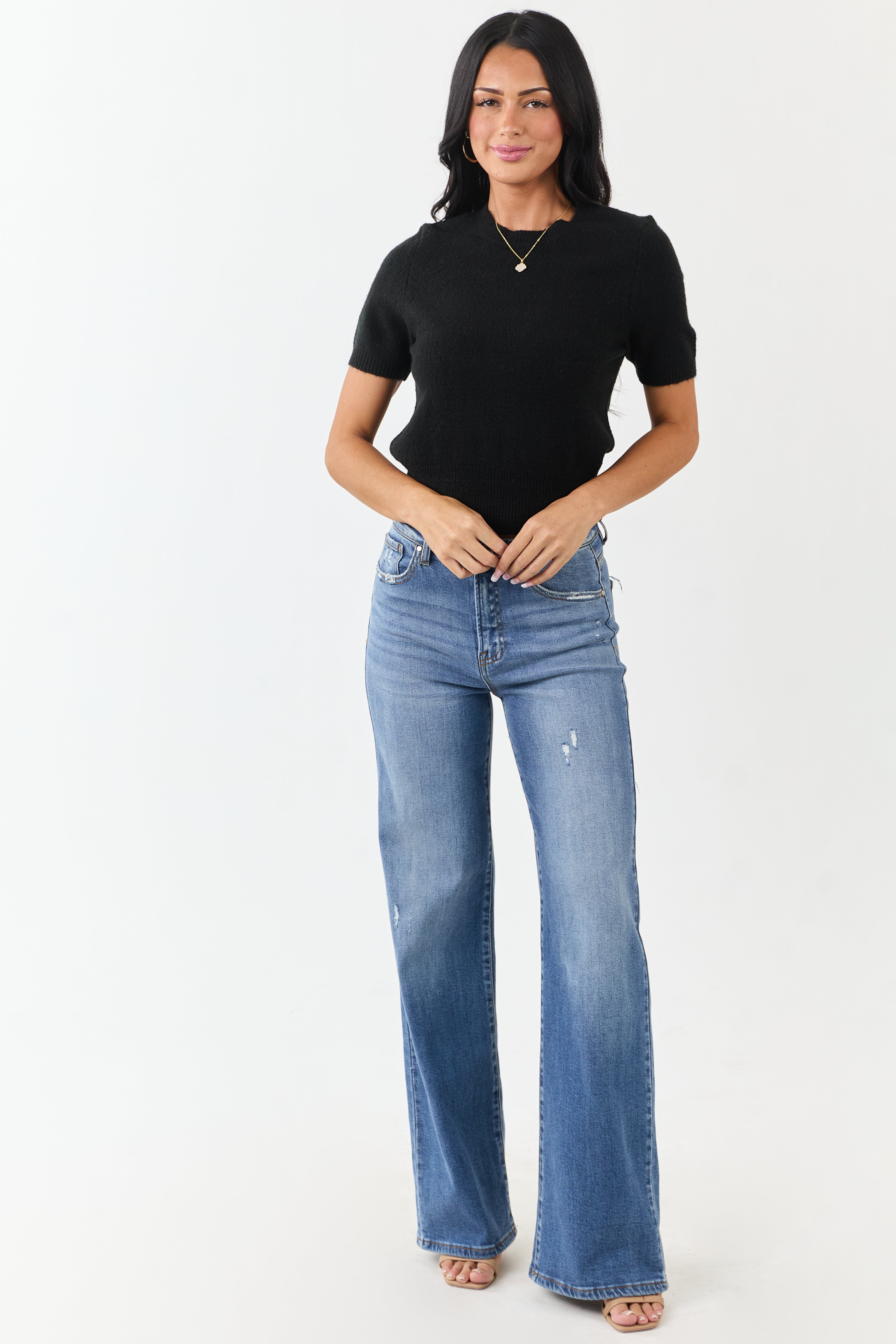 Black Short Sleeve Mid Length Knit Sweater Top