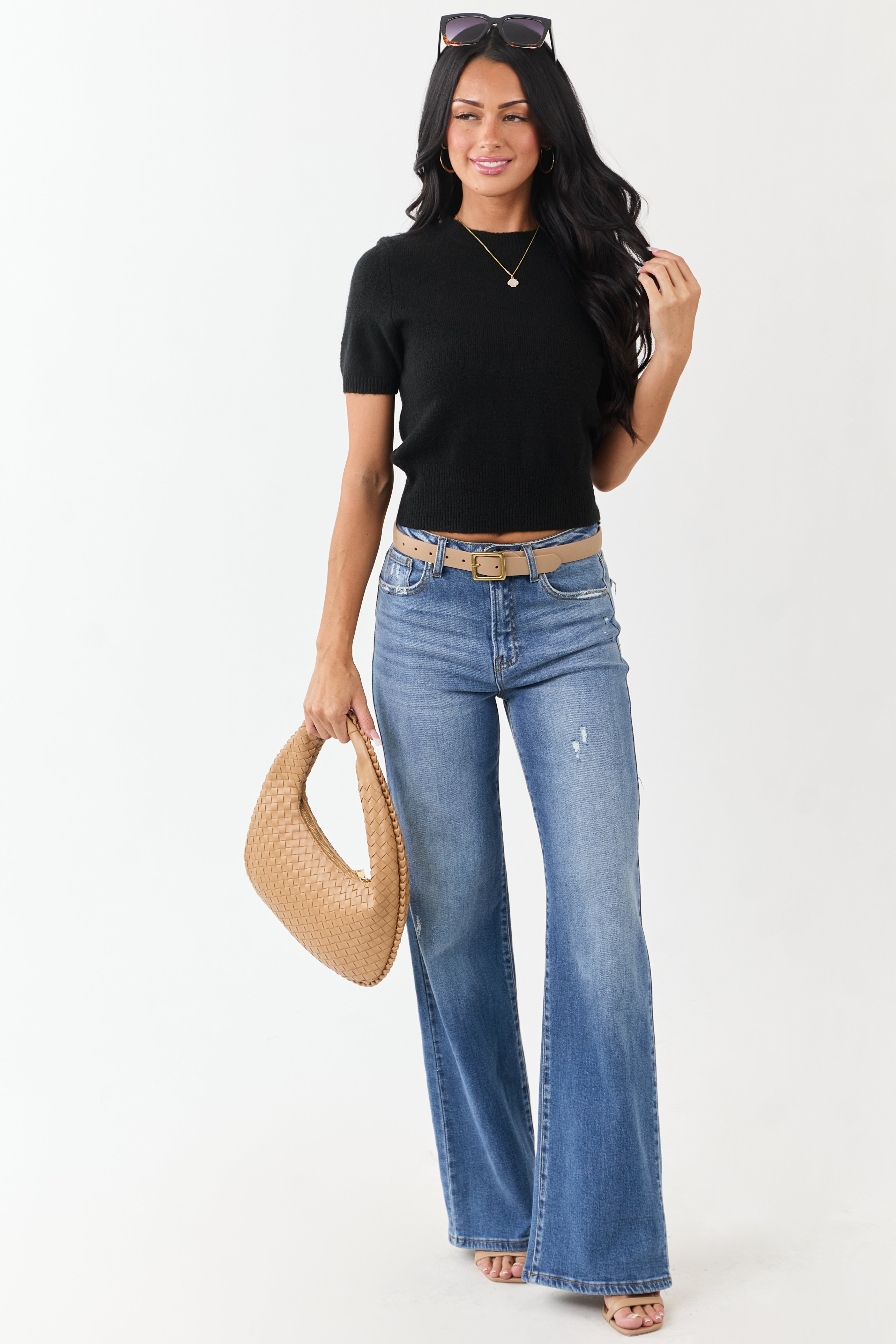 Black Short Sleeve Mid Length Knit Sweater Top