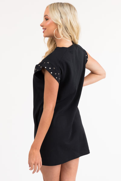 Black Short Sleeve Stud Detail Mini Dress