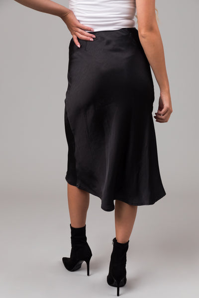 Black Side Slit Satin Midi Skirt