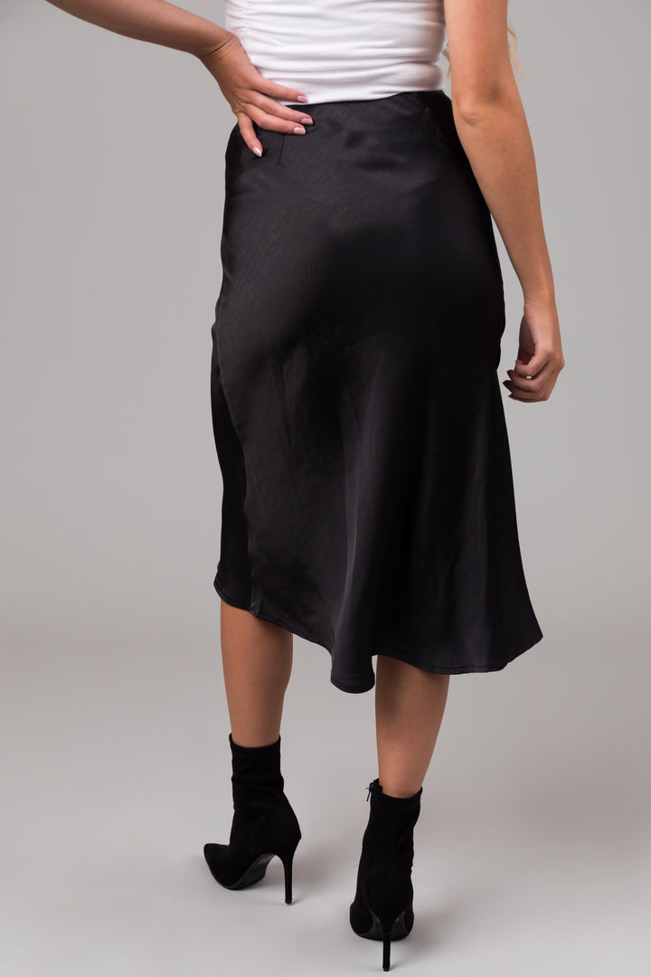 Black Side Slit Satin Midi Skirt