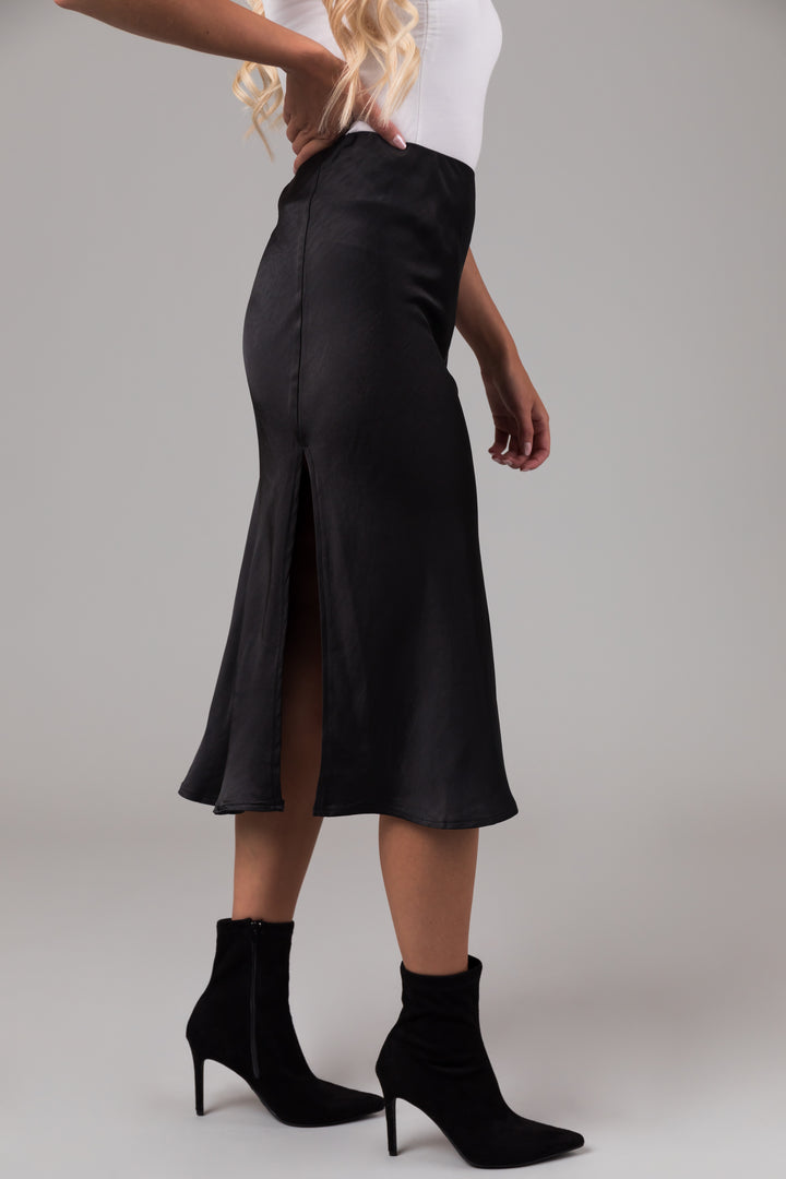 Black Side Slit Satin Midi Skirt