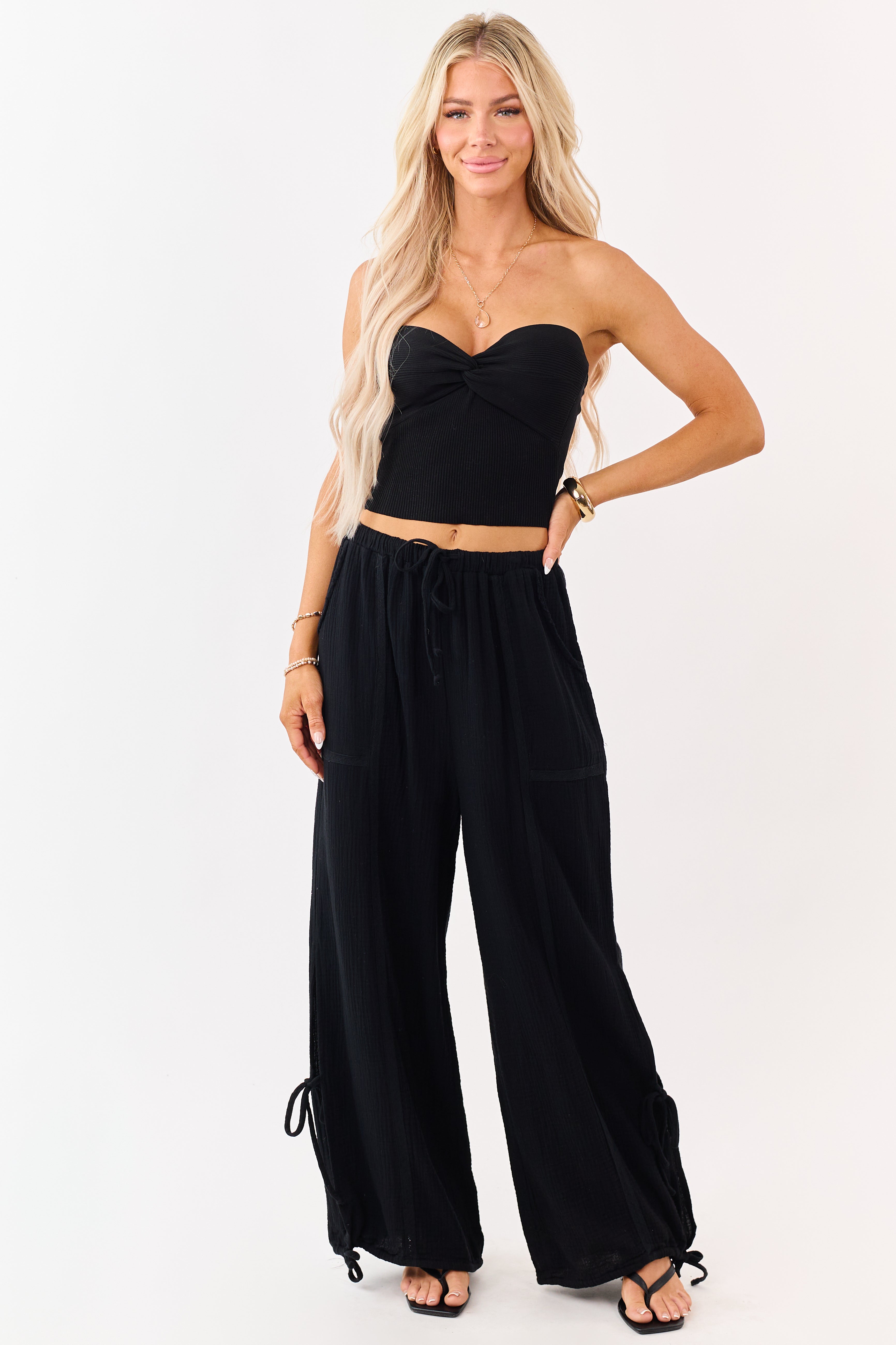 Black Side Tie Cotton Gauze Wide Leg Pants | Lime Lush Boutique
