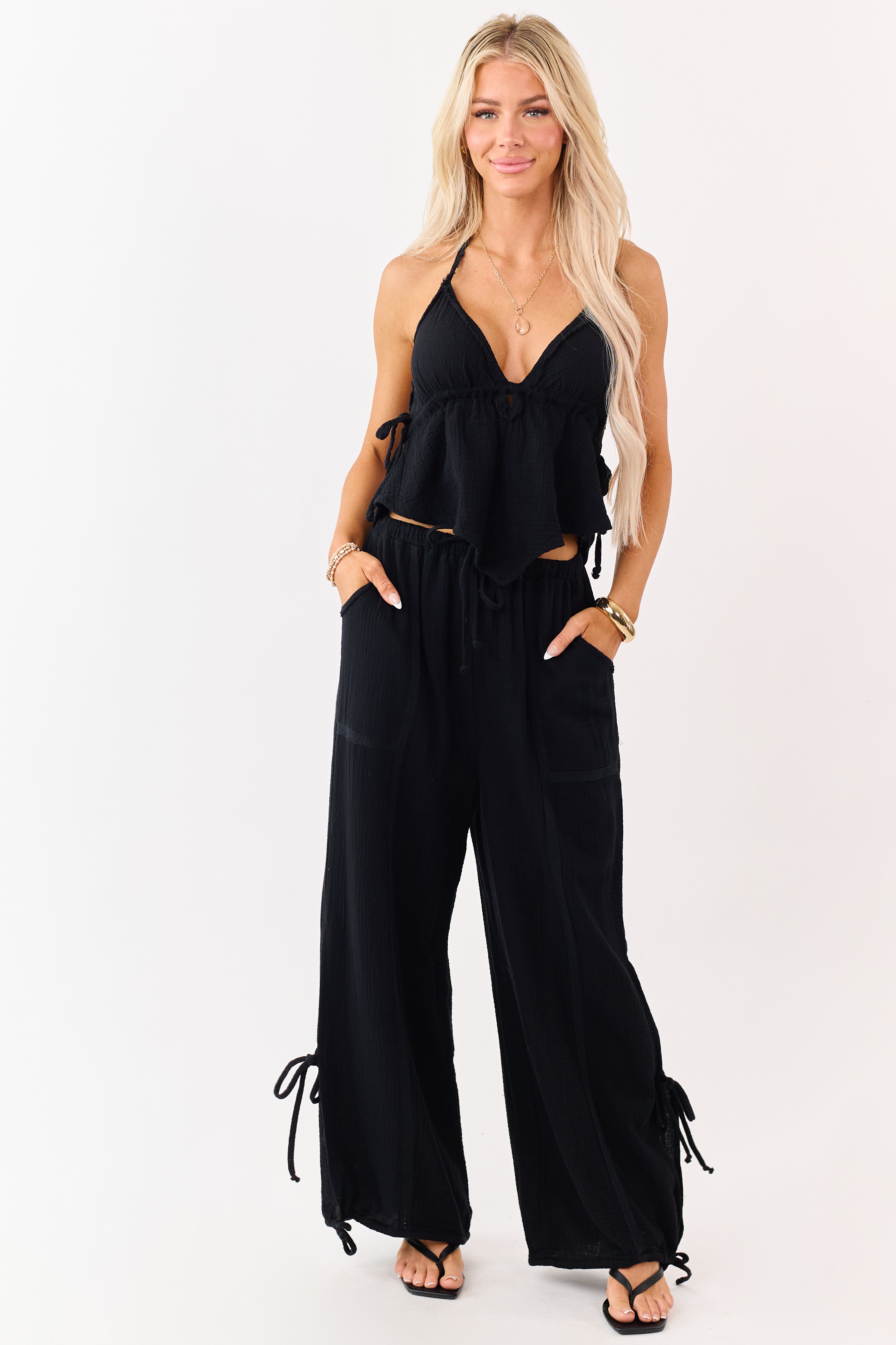 Black Side Tie Cotton Gauze Wide Leg Pants | Lime Lush Boutique