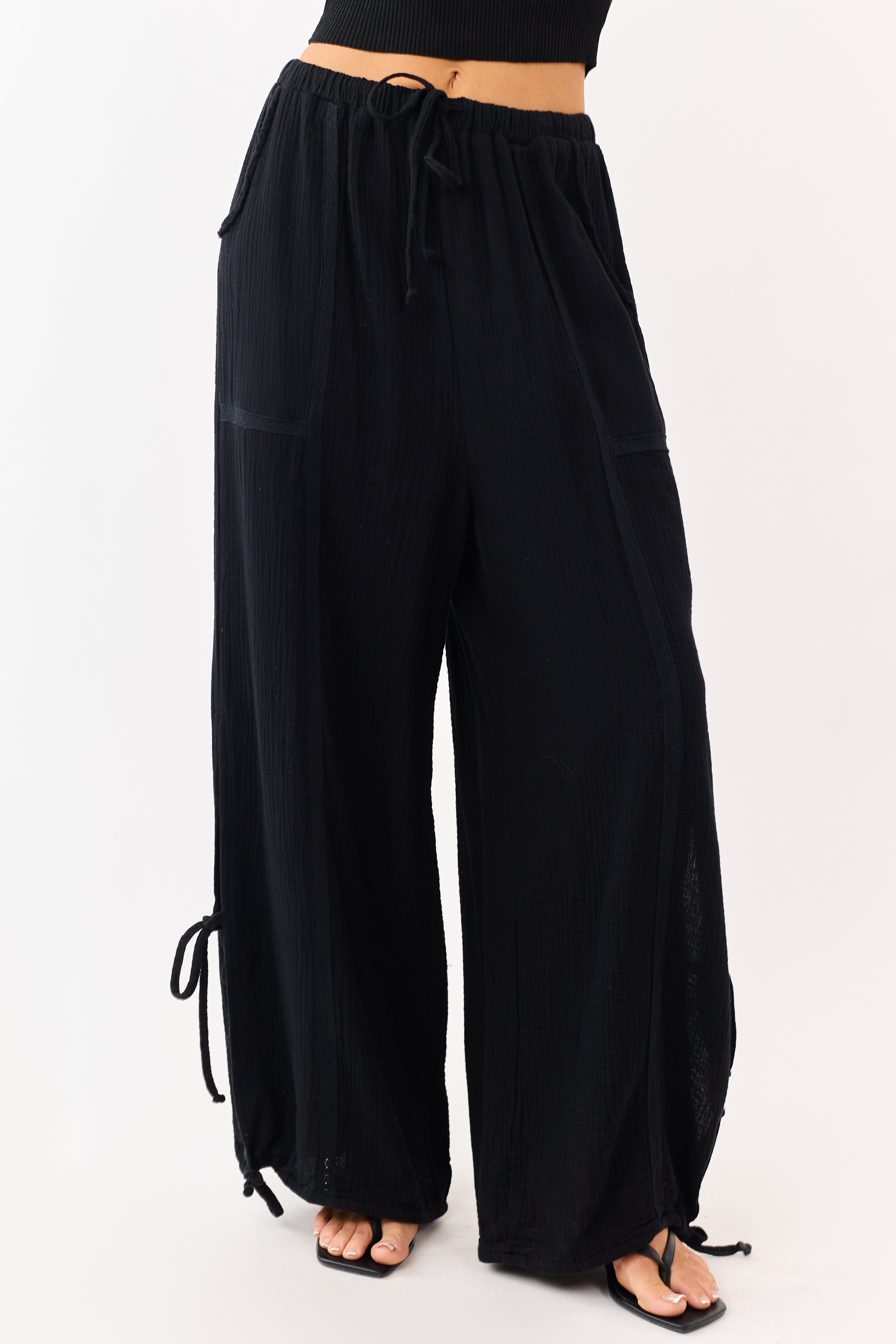 Black Side Tie Cotton Gauze Wide Leg Pants | Lime Lush Boutique