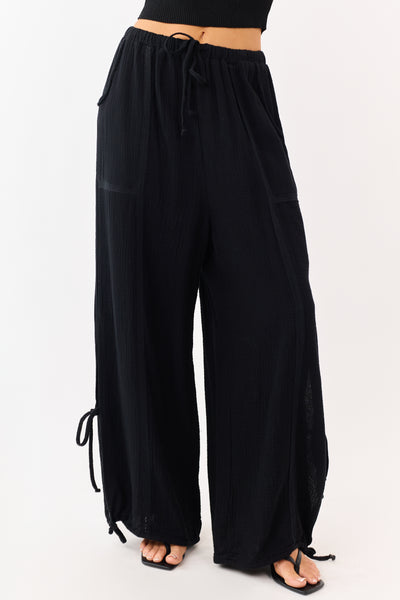 Black Side Tie Cotton Gauze Wide Leg Pants