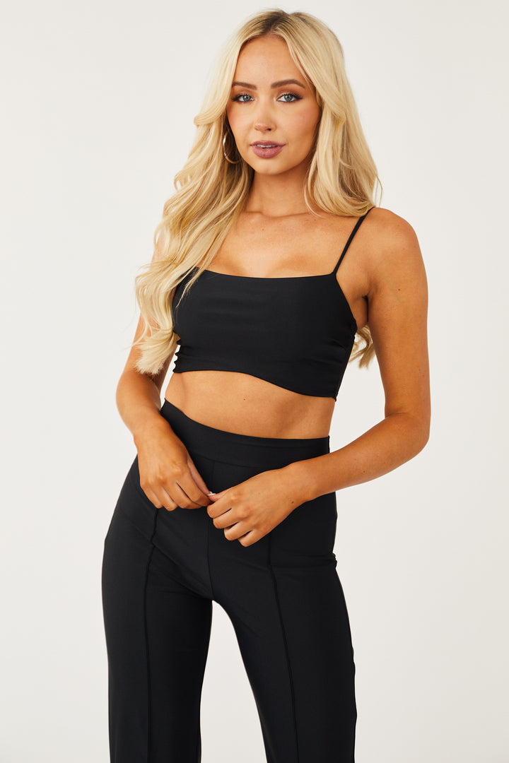 Black Silky Knit Crop Top and Seamed Pants Set