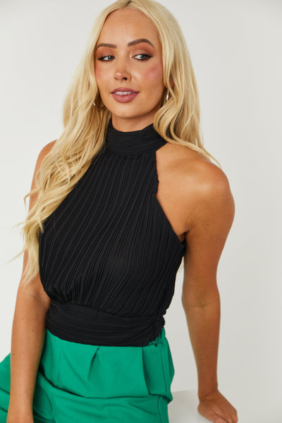 Black Sleeveless Collared Back Tie Pleated Top