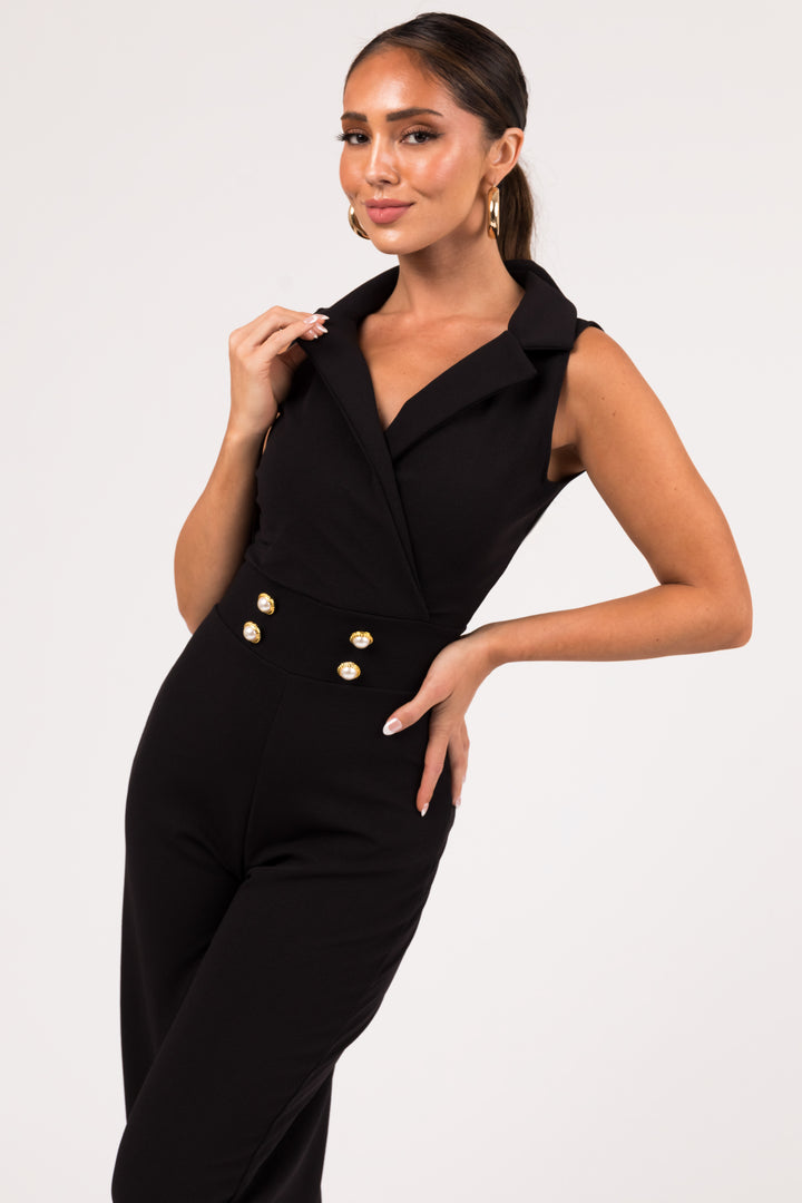 Black Sleeveless Collared V Neck Jumpsuit