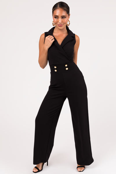 Black Sleeveless Collared V Neck Jumpsuit