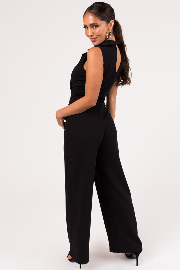 Black Sleeveless Collared V Neck Jumpsuit