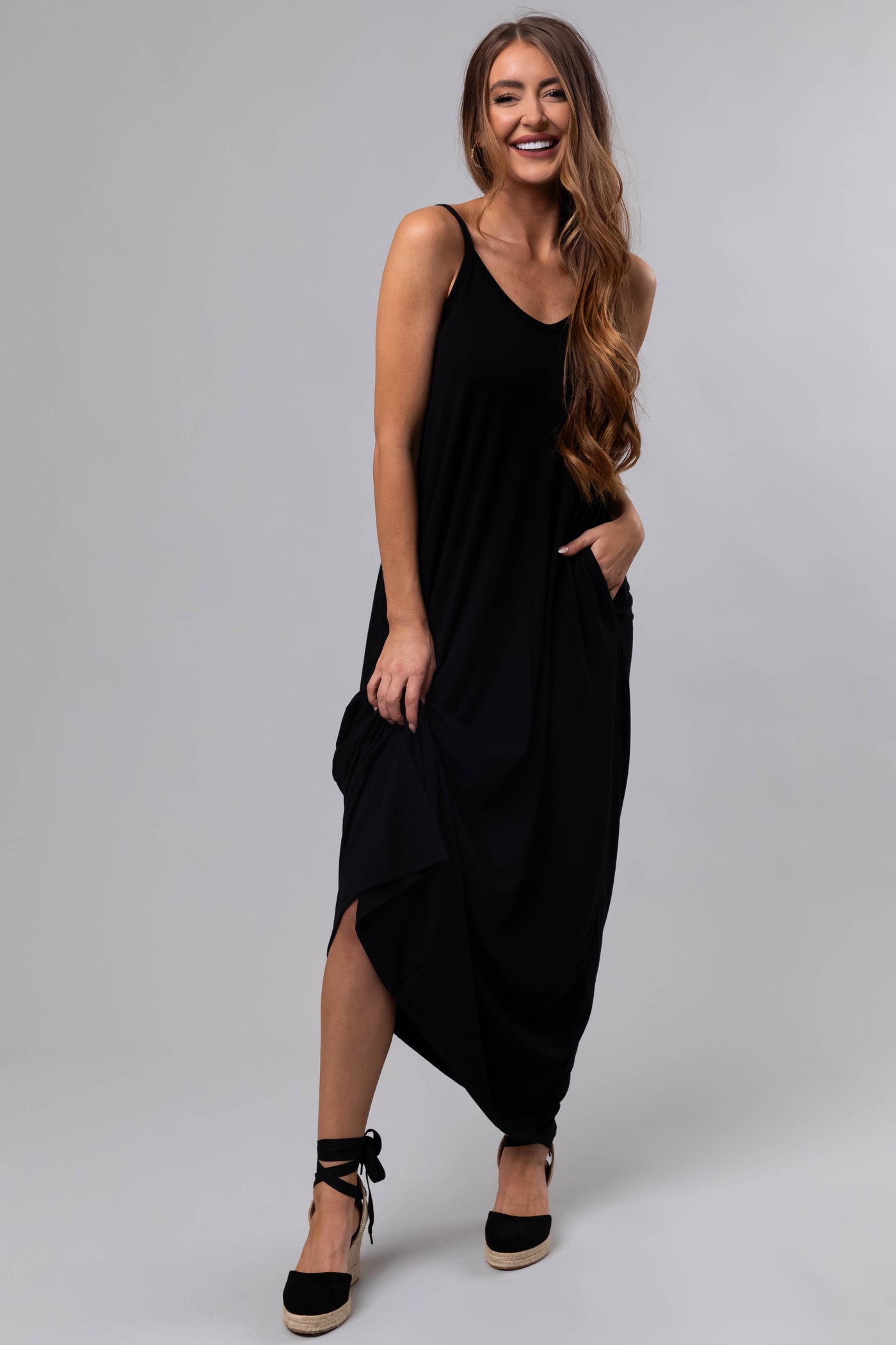 Black Sleeveless Knit Maxi Dress with Pockets Lime Lush