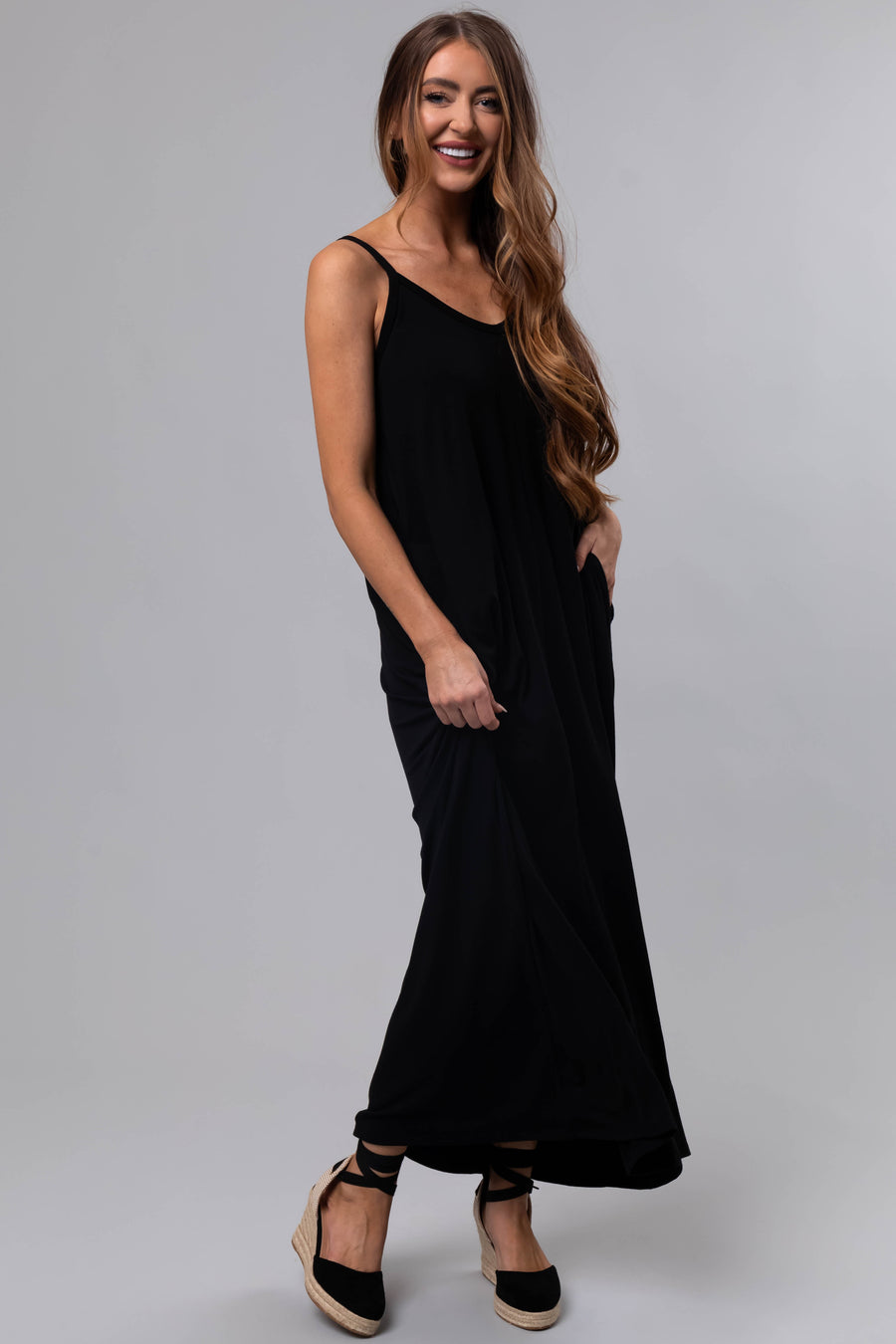 Black Sleeveless Knit Maxi Dress with Pockets