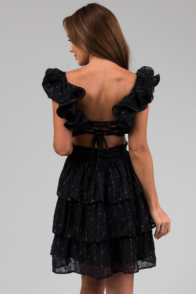Black Sleeveless Open Back Ruffle Mini Dress