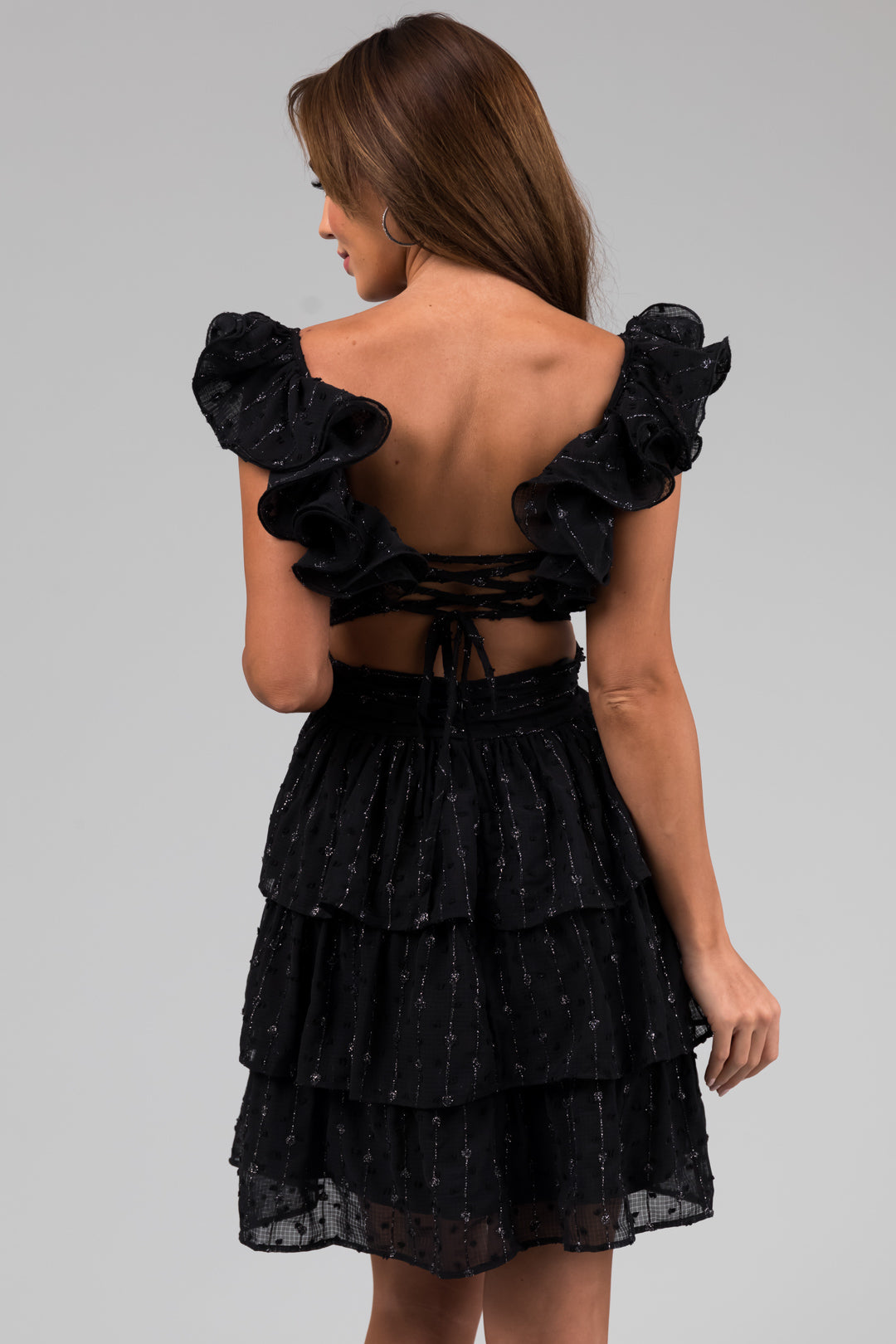 Black Sleeveless Open Back Ruffle Mini Dress