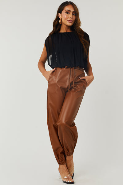 Black Sleeveless Ruched Draped Mesh Top