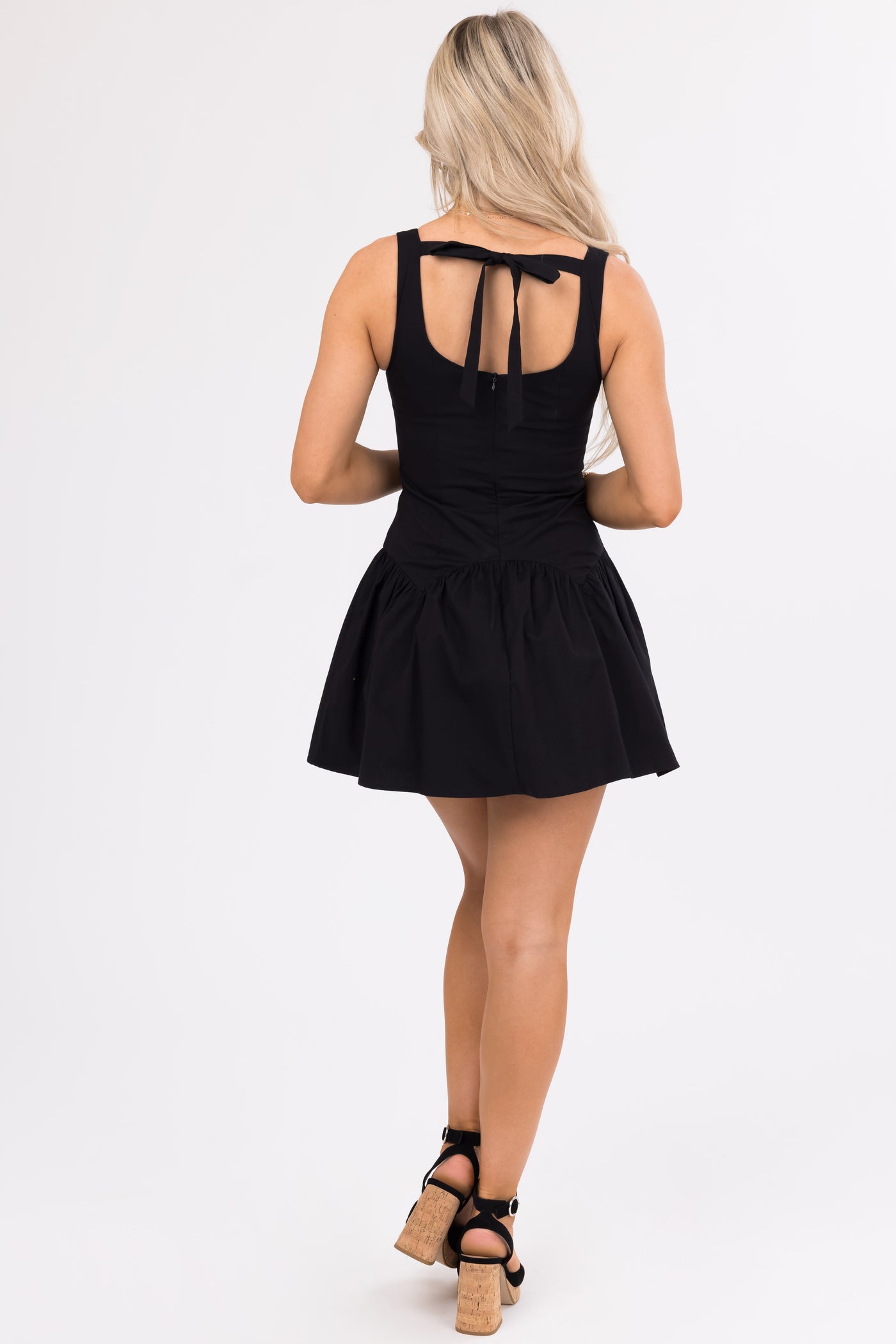 Black Sleeveless Ruffle Hem Back Tie Mini Dress